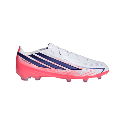 adidas Kids' F50 Hyperfast Elite FG soccer cleats — Cloud White/Solar Purple/Solar Turbo — lateral side view
