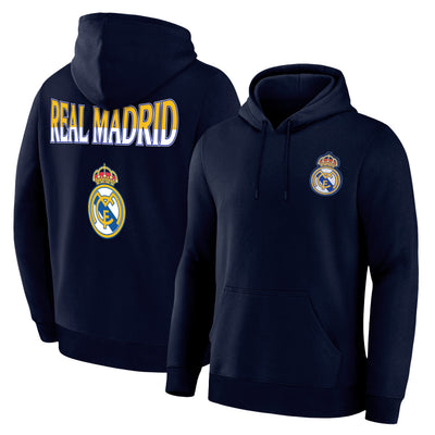 Men's Real Madrid hoodie in navy, front and back views