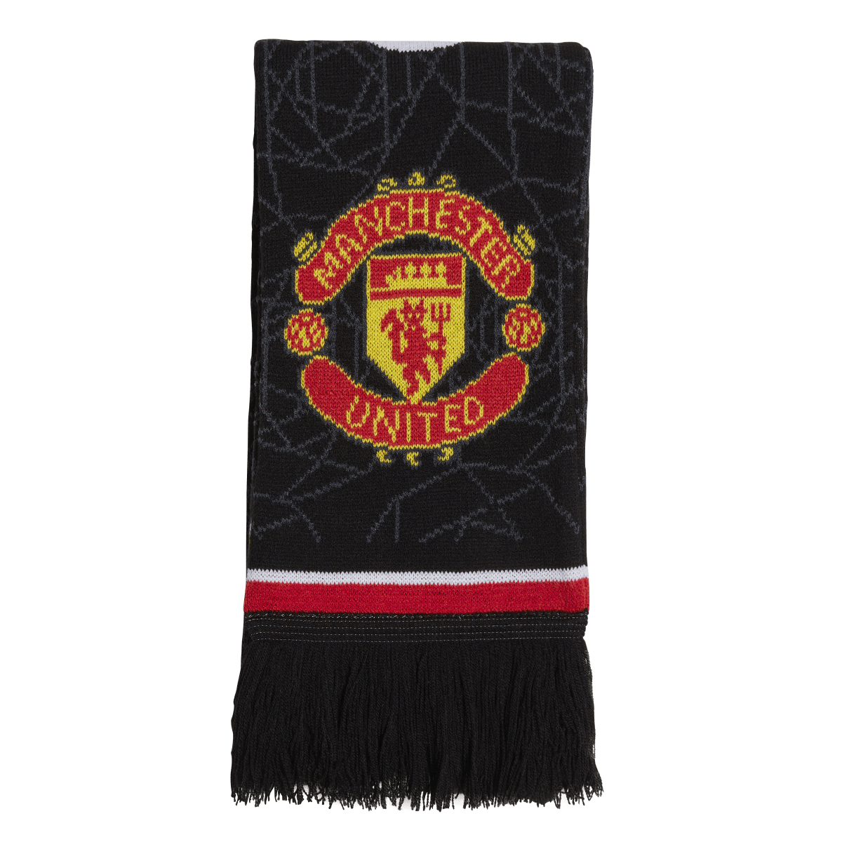 What graphic is displayed on the front side of the Manchester United scarf?