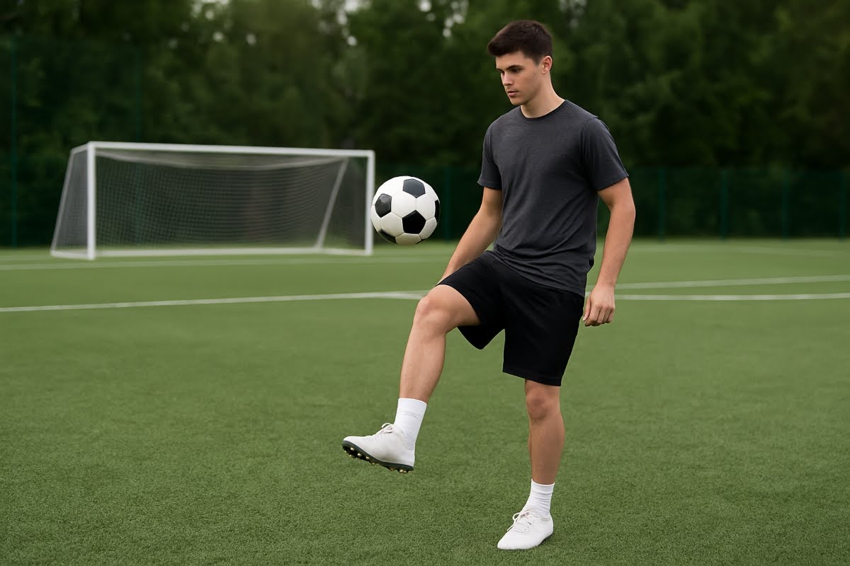 A man shows how to juggle a soccer ball on a training field.