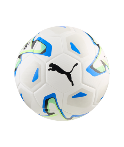 Puma Stellar Pro futsal ball — white with ultra blue and green glare graphics — front view