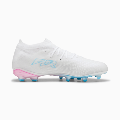 PUMA Future 9 Pro FG/AG soccer cleats — PUMA White-Luminous Blue-Luminous Pink — medial side