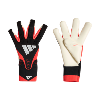 adidas Predator Pro Hybrid goalkeeper gloves — black and lucid red — backhand and palm