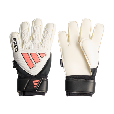adidas youth Predator Match Fingersave goalkeeper gloves — white and black — backhand and palm