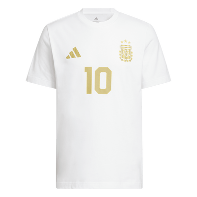 adidas Men's Messi Name & Number Graphic Tee in white — front view with gold Argentina crest and number 10