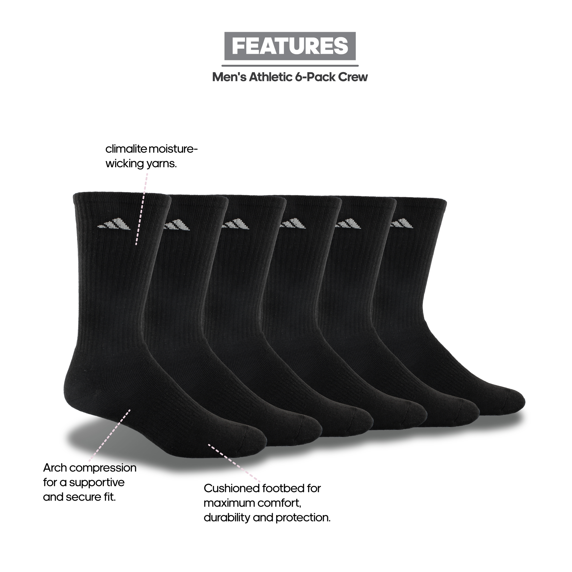 adidas Men's Athletic Crew Socks - 6 Pack Socks Adidas Black 