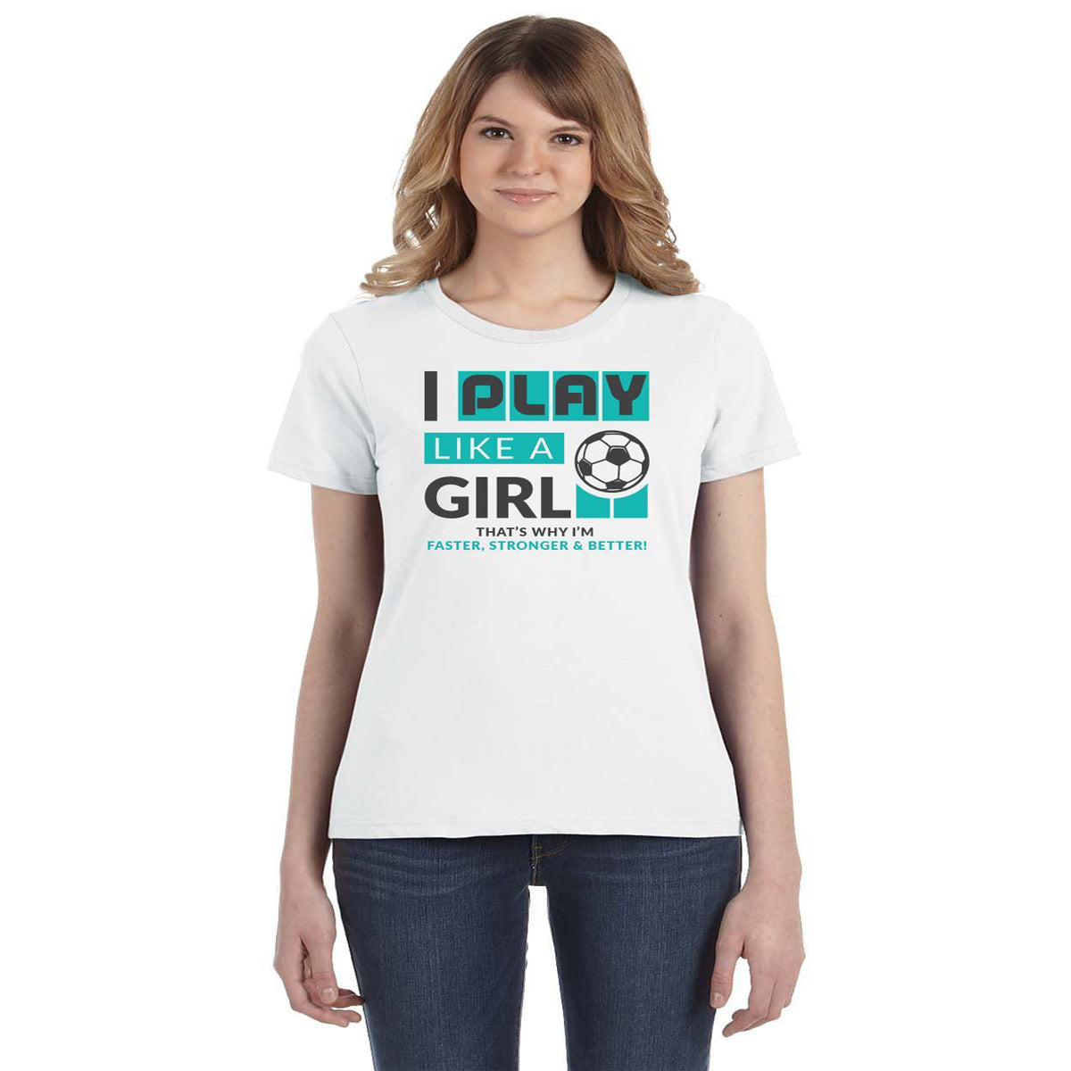 Play Like A Girl Soccer Tee Humorous Shirt 411 Small White Womens